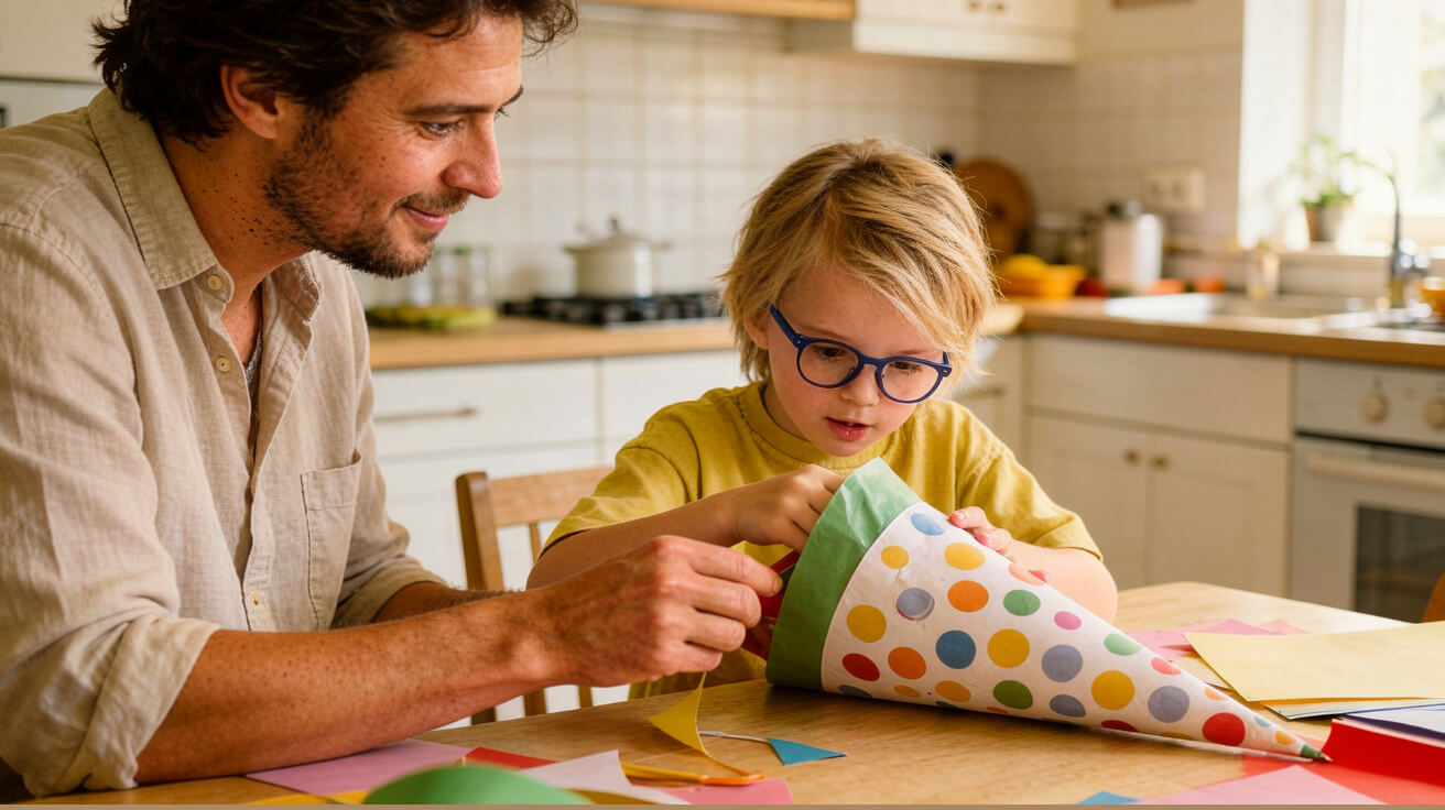 Vater mit Schulkind bastelt Schultüte