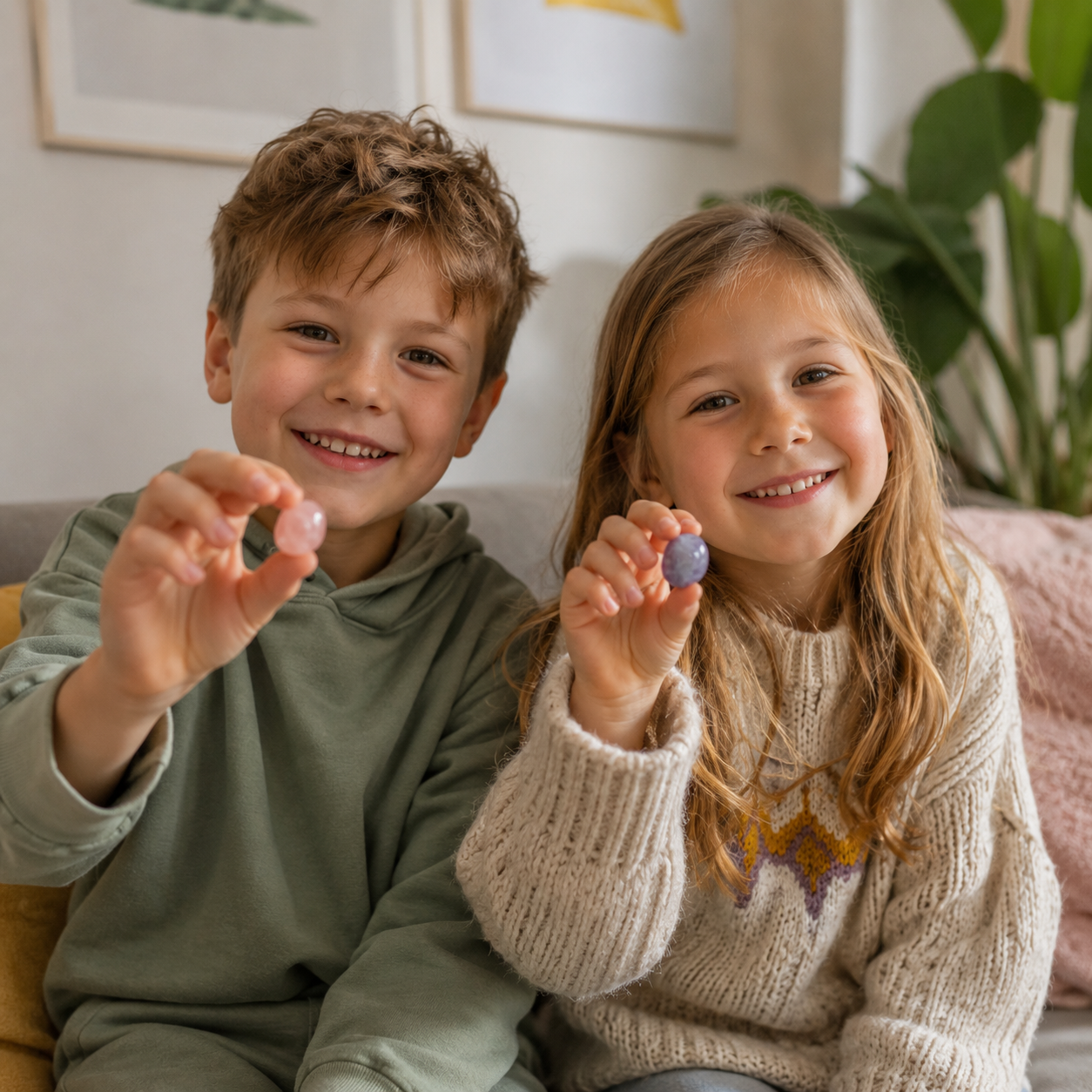 Zwei lächelnde Kinder halten jeweils einen Kristall in der Hand
