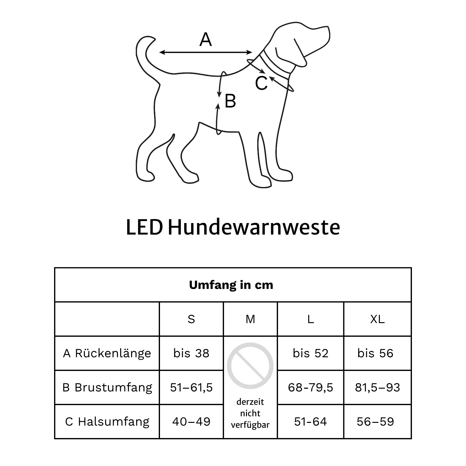 Größentabelle für die LED Hundewarnweste 