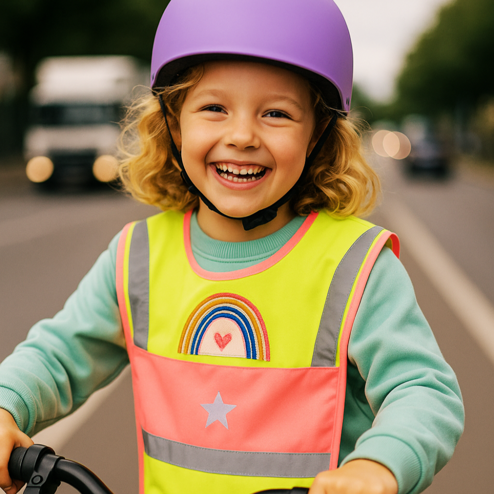 LED Warncape Kinder mit Regenbogen-Patch an Mädchen – Großansicht, unscharfer Hintergrund 