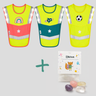Drei LED-Warncapes in Pink, Petrol und Gelb mit Patches, kombiniert mit dem EINstein Kristalle Set