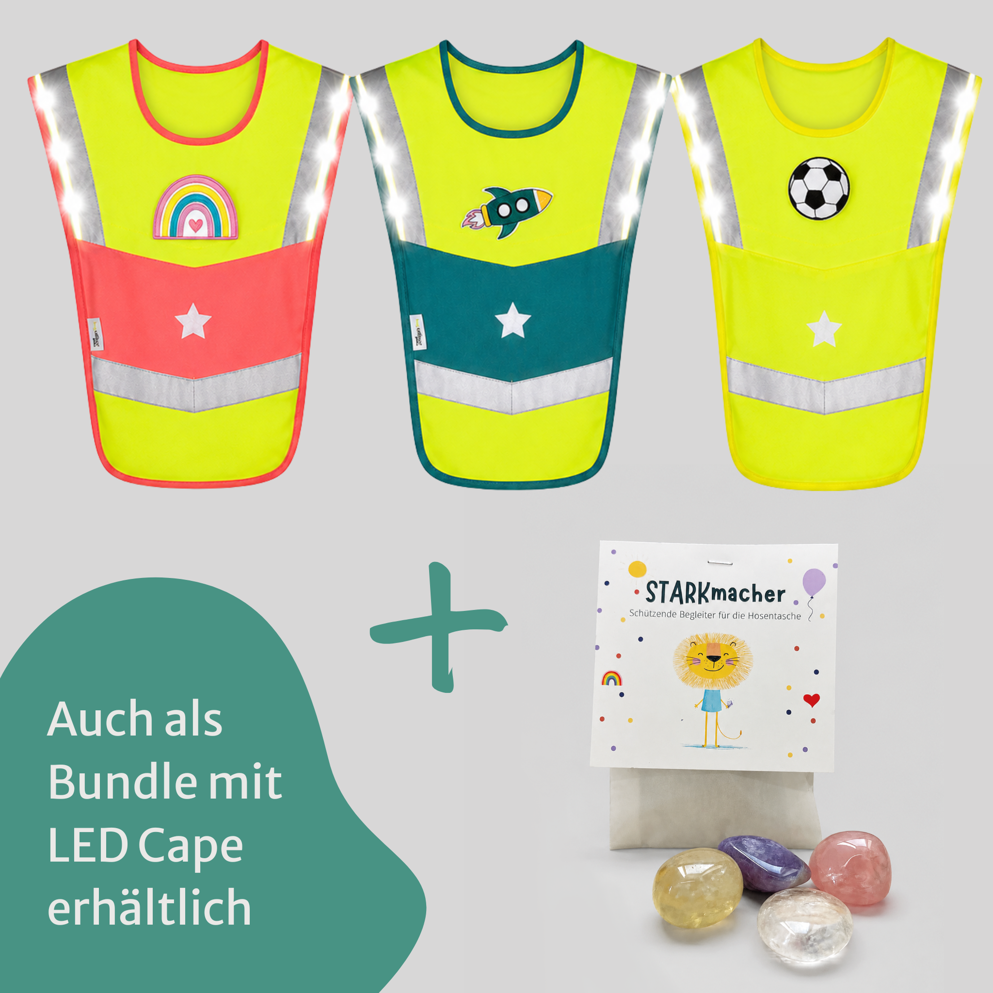 3 LED-Warncapes mit STARKmacher Kristallen, Hinweis: Auch als Bundle mit LED Cape erhältlich