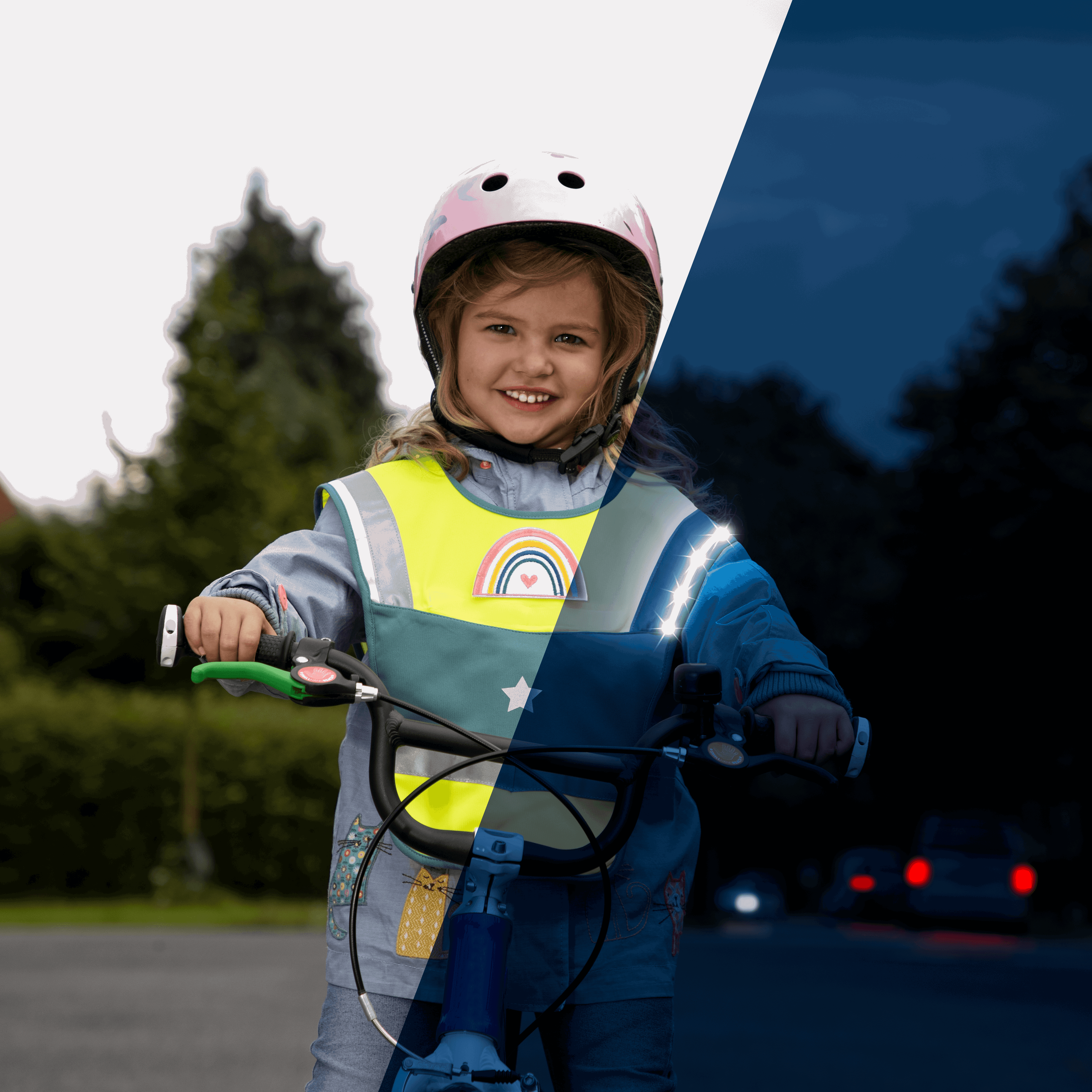 LED Warncape für Kinder – Tag- und Nachtansicht im Vergleich, Kind auf Fahrrad