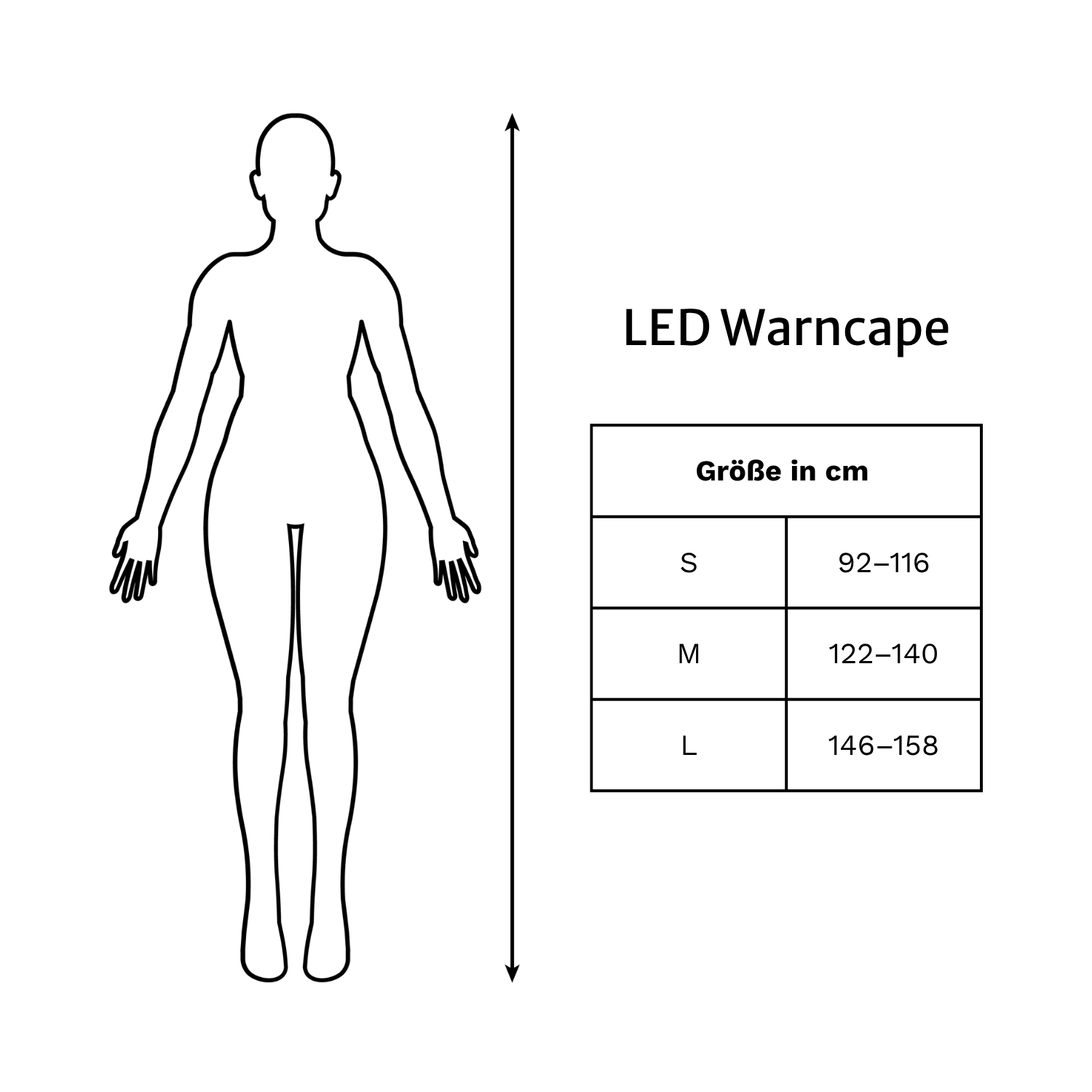 Größentabelle für das LED Warncape mit den Größen S, M und L in cm Körpergröße