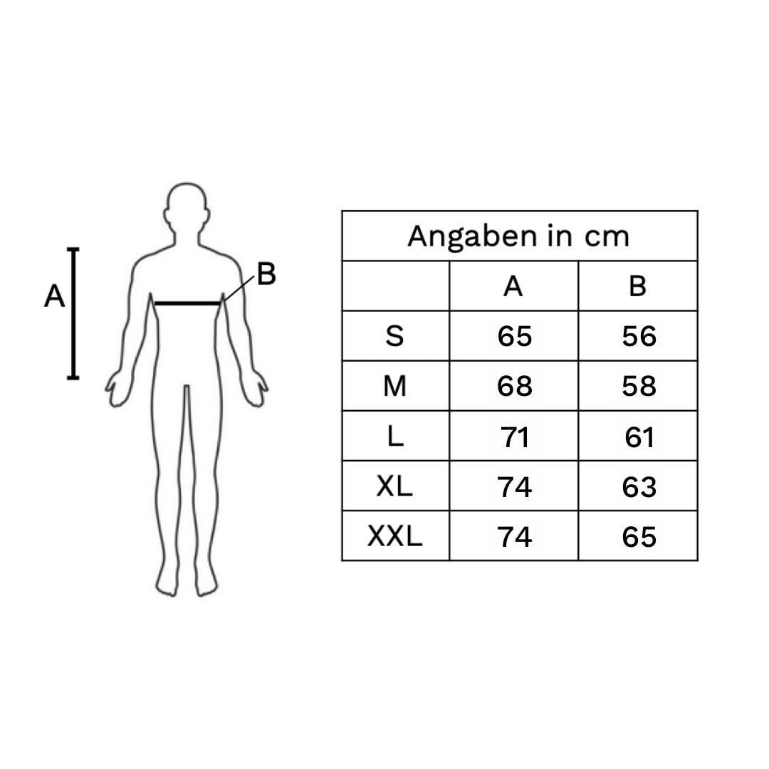 LED Warnweste für Erwachsene Größentabelle mit Größen S, M, L, XL, XXL in cm 
