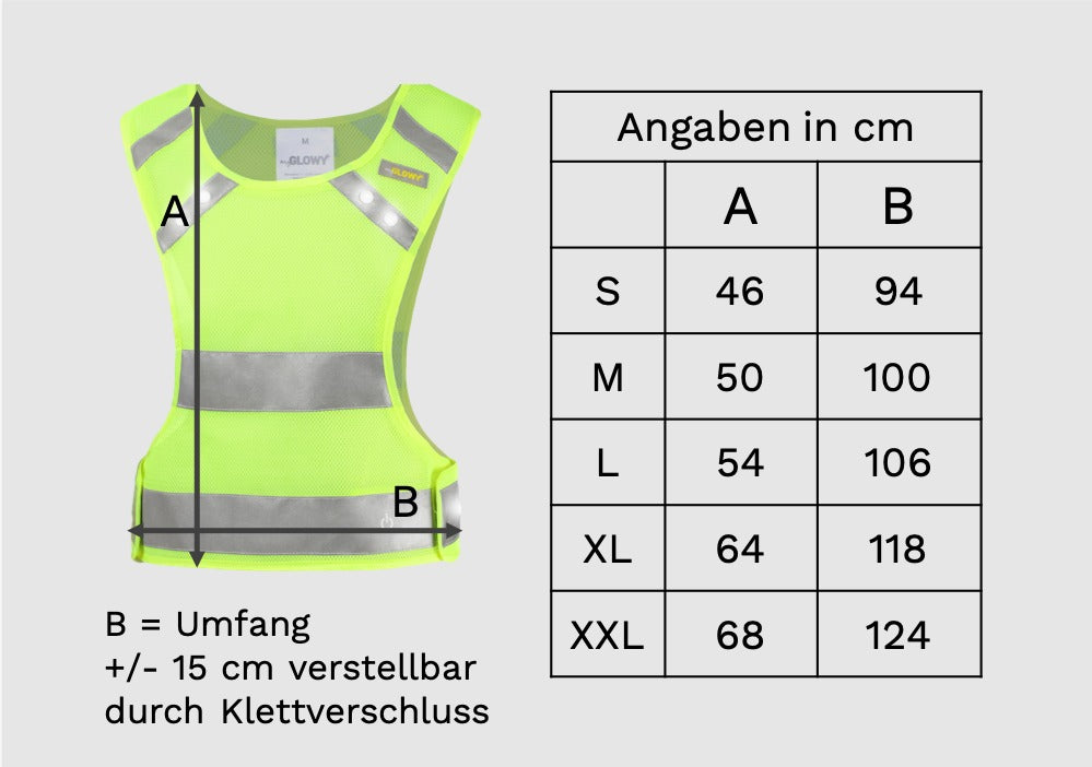 LED Sportweste Erwachsene – Größentabelle